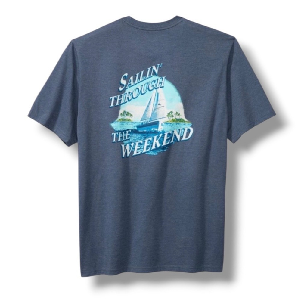 Tommy Bahama Sailin Through The Weekend Graphic T-Shirt Blue Heathered Small New